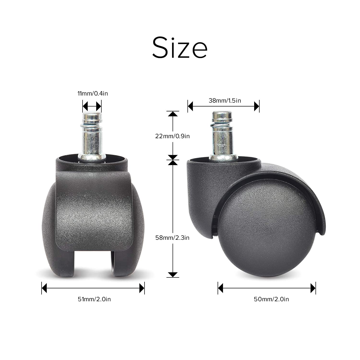 LAD Workspaces® Heavy Duty Office Chair Nylon Twin Wheels Caster Pin Type/Load capacity-150 kg (Pack of 5 Pieces, Black) (50 mm, Black) (कुर्सी के पहिये)